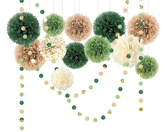 Ensemble de décorations de fête de mariage, 15 pompons en papier de soie vert, guirlande de papier à pois, ficelle de toile de fond à suspendre pour fiançailles, mariage bohème vert
