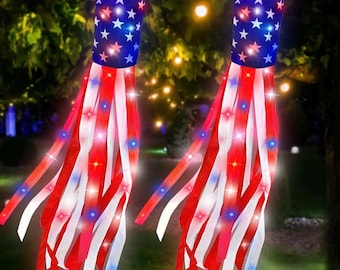 250th Anniversary USA, 2 Pack 40 Inch American Flag Windsock with Lights Red White Blue Star Stripes Patriotic Windsock Hanging 4th of July