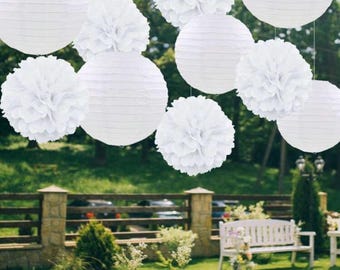 12Pcs White Paper Pom Poms, Lanterns Decorative Chinese/Japanese Hanging Round Paper Lanterns Lamp for Birthday, Wedding, Christmas, Bridal