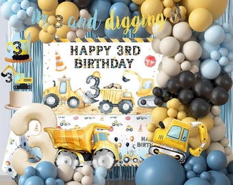 Artículos para fiesta de cumpleaños con temática de construcción para niño de 3 años, decoraciones para el tercer cumpleaños de niños, fondo para el tercer cumpleaños con camión volquete, globos…