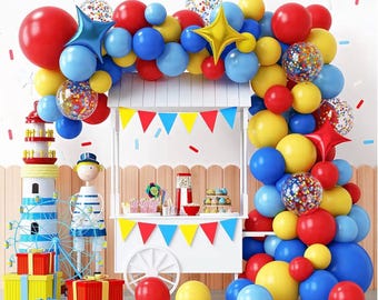 Dekorationen für eine Karnevals- und Zirkusparty, Ballonbogen-Set in Primärfarben, 120 Stück rote, blaue, gelbe Party-Regenbogen-Konfetti- und Sternenballons