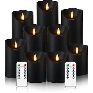 May include: A set of nine black flameless LED candles with a warm, flickering light. Two white remote controls are included. The candles are arranged in a staggered pattern, creating a cozy ambiance.
