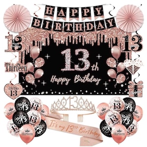 13th Birthday Decorations for Girls,33pcs It&#39;s My 13th Birthday Crown and Sash, Black Rose Gold 13 th Banner Balloons Backdrop Hanging Swirl