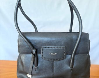 Bolso tote de piel negra Radley London, bolso de hombro de piel negra de segunda mano con bolsa guardapolvo original, bolso de mano negro, tamaño ~W33 D7 H23 (46)