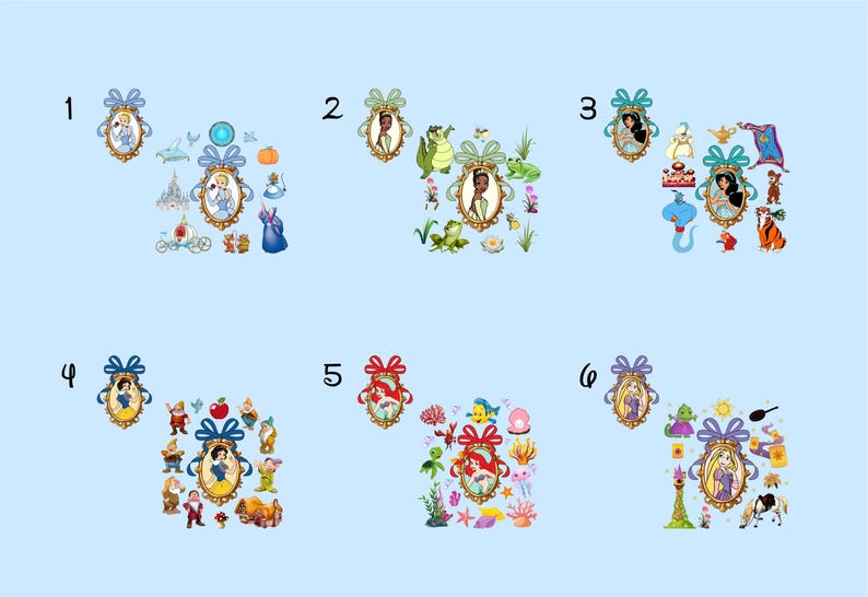 six different illustrations or scenes, each with a unique design and color scheme. The illustrations include various characters, animals, and objects, such as a castle, a frog, a bird, a flower, and a horse. The images are arranged in a grid format, with each row containing three illustrations and each column containing two illustrations. The illustrations are diverse in their styles and colors, creating a visually appealing and engaging collage.