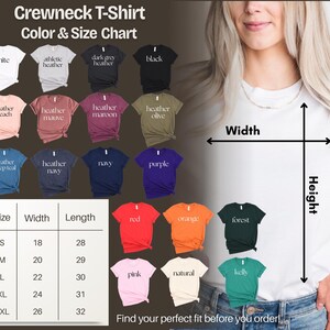 The image is a color and size chart for a crewneck t-shirt, showing various color options and corresponding widths. It also includes a woman's torso and a side view of her wearing a white crewneck t-shirt.