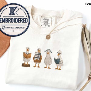 Reading Goose Embroidered Shirt, Comfort Colors Book Lover Tee, Cute Goose Embroidery Shirt, Librarian Gift, Book Club Reader Tee, Bookish