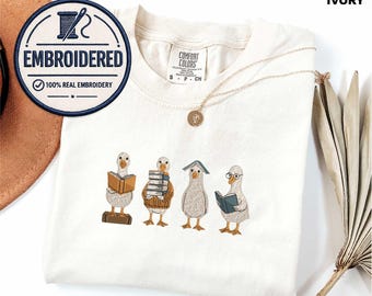 Reading Goose Embroidered Shirt, Comfort Colors Book Lover Tee, Cute Goose Embroidery Shirt, Librarian Gift, Book Club Reader Tee, Bookish