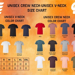 The image is a size chart for a crew neck v-neck T-shirt, displaying various color options and corresponding sizes.