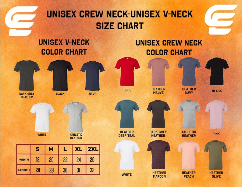The image is a size chart for a crew neck v-neck T-shirt, displaying various color options and corresponding sizes.