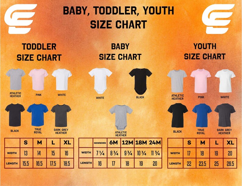 The image is a size chart for baby, toddler, and youth clothing, displaying various clothing items such as t-shirts, athletic wear, and baby onesies.