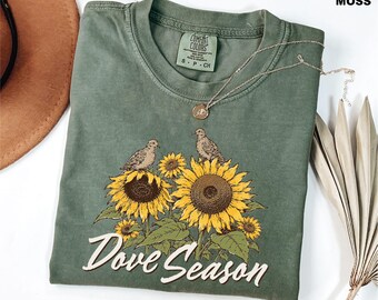 Comfort Colors Sunflower Shirt, Dove Season Tee, Vintage Autumn Bird Graphic Shirt, Cottagecore Nature Gift, Fall Floral Sweatshirt
