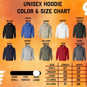 The image is a color and size chart for a unisex hoodie, displaying various color options and corresponding sizes.