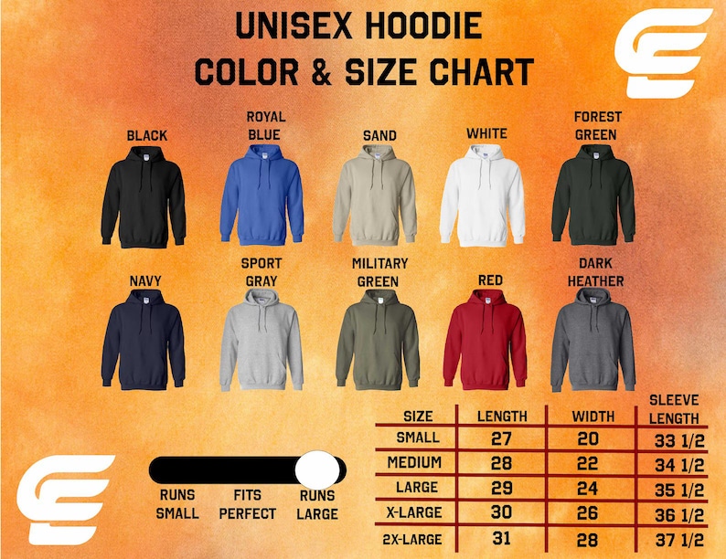 The image is a color and size chart for a unisex hoodie, displaying various color options and corresponding sizes.