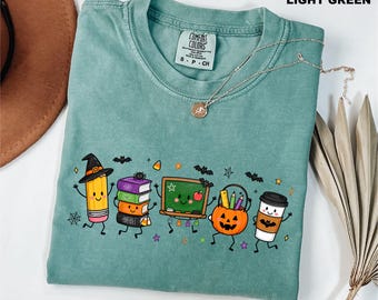 Comfort Colors Halloween Teacher Shirt, Spooky Classroom Tee, Cute Pencil Books Pumpkin Top, Teacher Halloween Gift, Fall School Tee Sweater