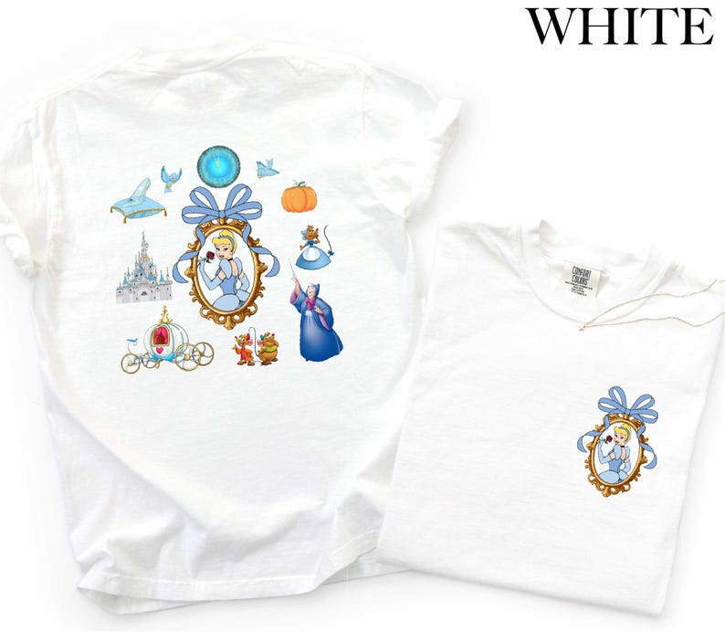 a white t-shirt with a Disney-themed design, including illustrations of Cinderella, a blue carriage, a pumpkin, and other Disney characters.