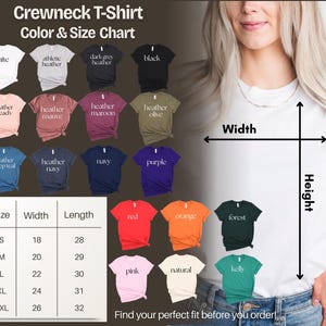 The image is a color and size chart for a crewneck t-shirt, showing various color options and corresponding widths. It also includes a woman's torso and a side view of her wearing a white crewneck t-shirt.
