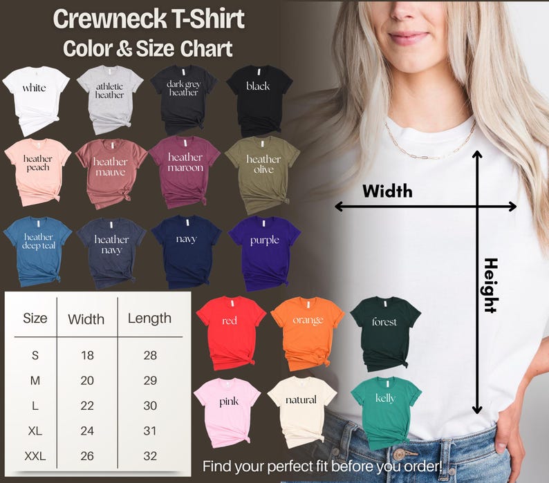 The image is a color and size chart for a crewneck t-shirt, showing various color options and corresponding widths. It also includes a woman's torso and a side view of her wearing a white crewneck t-shirt.