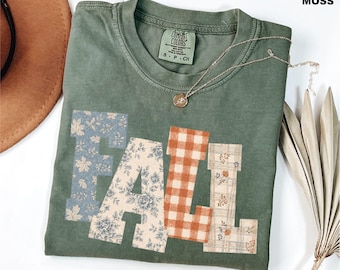 Comfort Colors Fall Patchwork Shirt, Floral Gingham Autumn Shirt, Quilted Fall Graphic, Cottagecore Fall Gift, Vintage Farmhouse Sweatshirt