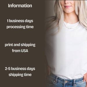 The image is a collage of two images. The collage contains information about the processing time and shipping time for a business. The collage includes a woman with long blonde hair and a white shirt.