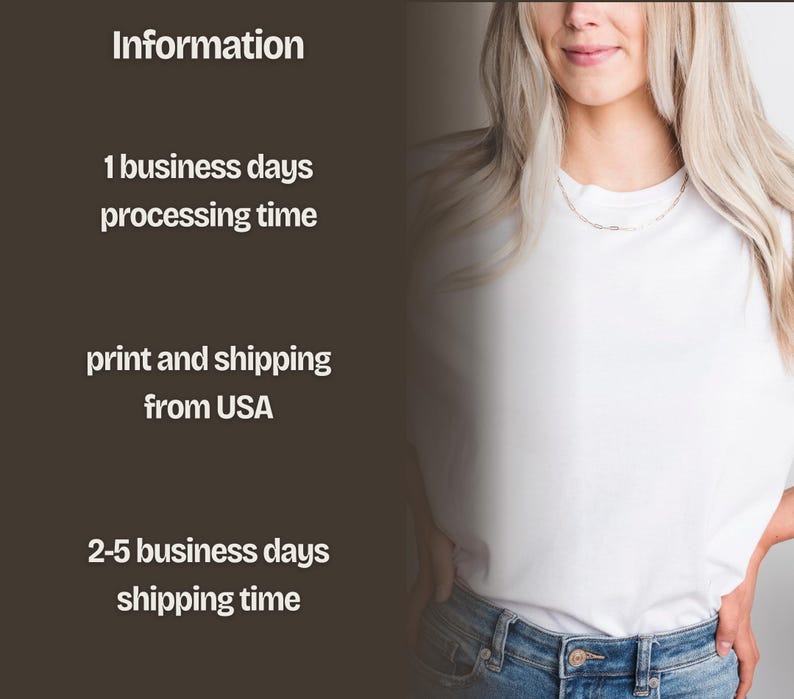 The image is a collage of two images. The collage contains information about the processing time and shipping time for a business. The collage includes a woman with long blonde hair and a white shirt.
