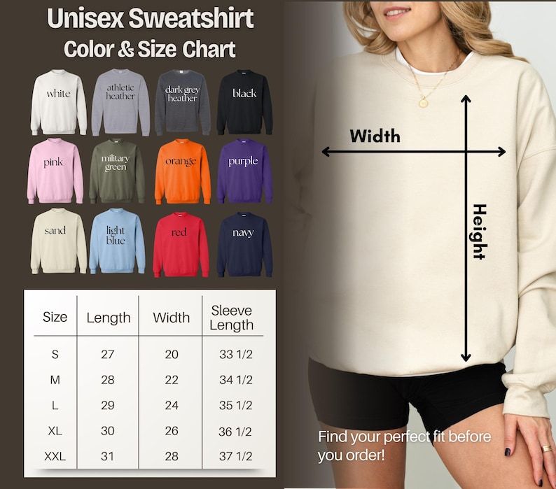 The image is a color and size chart for a unisex sweatshirt, showing different color options and corresponding sleeve lengths. It also includes a photo of a woman wearing the sweatshirt, along with a measurement chart for the width of the sweatshirt.