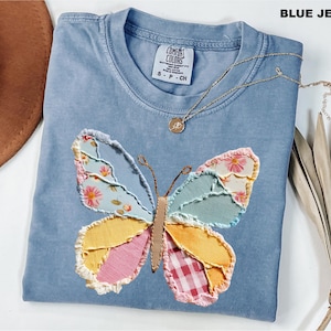 Comfort Colors Faux Patchwork Butterfly Shirt, Floral Applique Tee, Pink Butterfly T-Shirt, Coquette Aesthetic Tee, Cottagecore Gift for Her