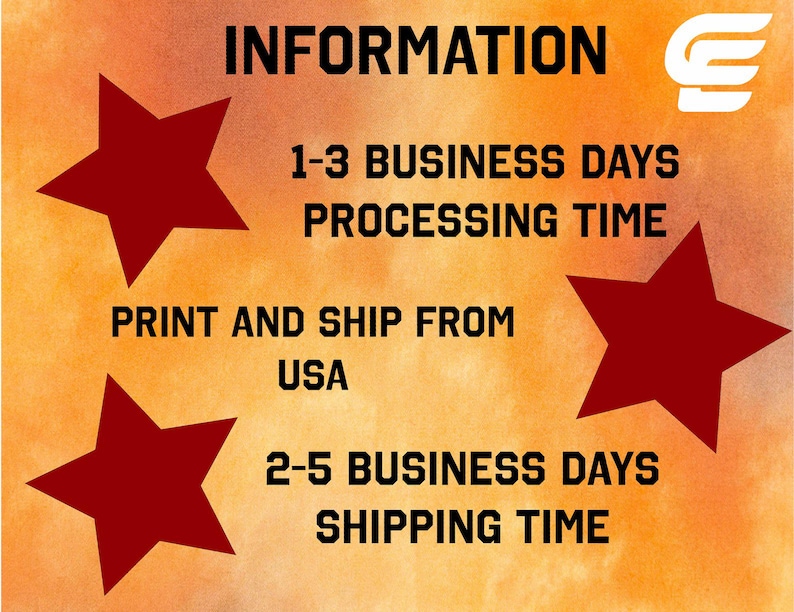 text and three red stars, with the text providing information about shipping and processing times.