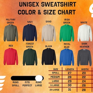 The image is a color and size chart for a unisex sweatshirt, displaying various color options and corresponding sizes.