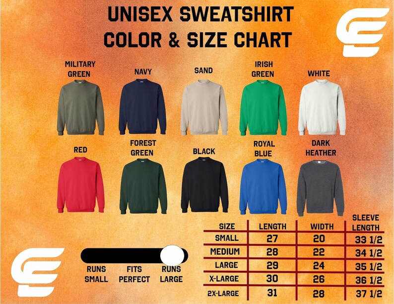 The image is a color and size chart for a unisex sweatshirt, displaying various color options and corresponding sizes.