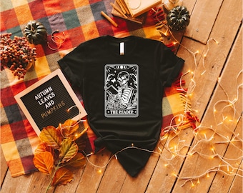 The Reader Tarot Card TShirt, Bookish Shirt, Witchy Stuff Mystical Literature Apparel, Skeleton Librarian Tee Shirt, Gift For Book Lover