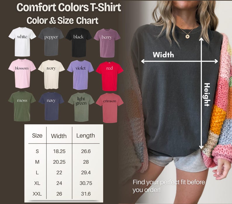 The image is a color and size chart for a comfort t-shirt, showing various color options and corresponding widths. The chart includes a woman's torso and arms, along with a table with size and width measurements.