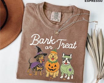 Comfort Colors Bark or Treat Halloween Shirt, Funny Dog Costume Tee, Spooky Dog Mom Top, Pumpkin Puppy Sweater Trick or Treat Pet Lover Gift