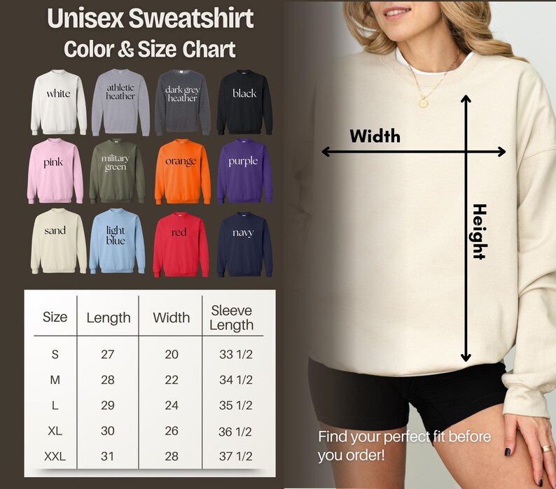 The image is a color and size chart for a unisex sweatshirt, showing different color options and corresponding sleeve lengths. It also includes a photo of a woman wearing the sweatshirt, along with a measurement chart for the width of the sweatshirt.