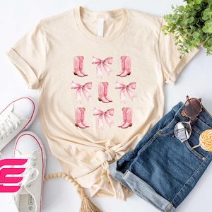 Pink Cowgirl Boots Coquette Shirt,Pink Bow Shirt,Coquette Bow Shirt,Cowgirl Sweater, Cowgirl Boots Shirt, Coastal Cowgirl Tee,Gift For Women