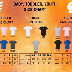 The image is a size chart for baby, toddler, and youth clothing, displaying various clothing items such as t-shirts, athletic wear, and baby onesies.