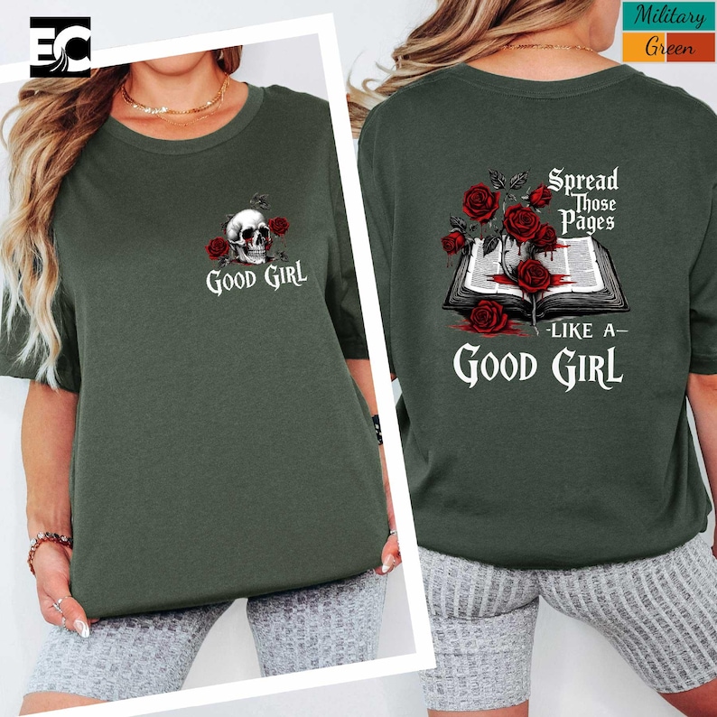 a woman wearing a green t-shirt with a skull and rose design on the front and back.