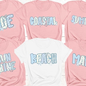 Custom Text Patchwork Comfort Colors® T-Shirt, Personalized Text Tee, SeaShell Bow Name Shirt, Coquette Bow Summer Tee, Girl Name Tops