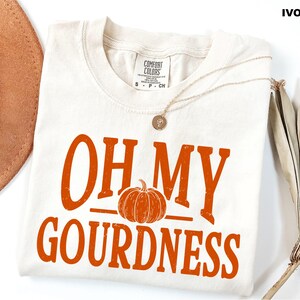 May include: An ivory short-sleeve t-shirt with a crew neckline. The front features orange text that reads OH MY GOURDNESS with a central pumpkin graphic. The shirt has a Comfort Colors brand label at the inner neck, indicating a size small.