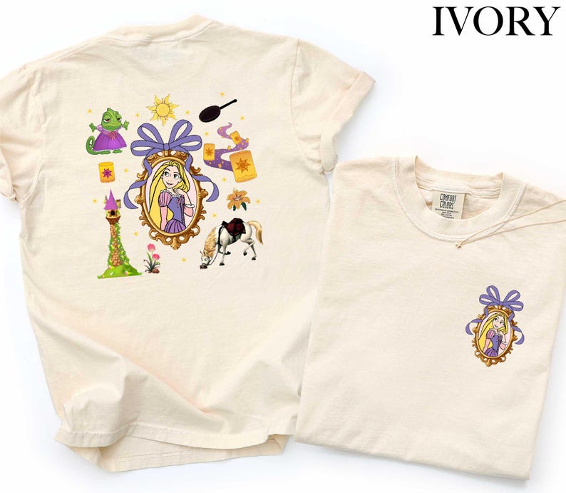 two white t-shirts with illustrations of characters from the Disney animated film " Rapunzel". The t-shirts are displayed side by side, with the larger t-shirt on the left and the smaller t-shirt on the right.