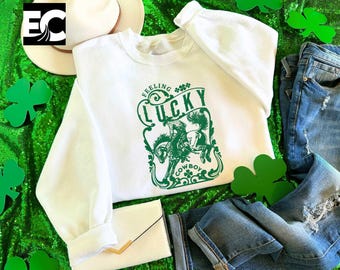 Feeling Lucky Cowboy Sweatshirt, St Patrick's Day T-Shirt, Country T-Shirt, Lucky Cowgirl Tee, Western St Patrick's Shirt, Irish Sweater