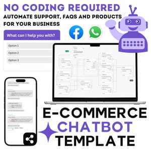 May include: A purple robot with a friendly face waves, next to a laptop displaying a flowchart for an e-commerce chatbot. The text "NO CODING REQUIRED" and "E-COMMERCE CHATBOT TEMPLATE" are visible. The image also shows Facebook and WhatsApp icons.