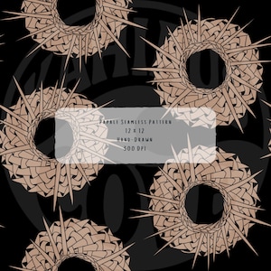 Puede incluir: Patrón sin costuras con diseños circulares repetidos en tonos beige y marrón, que asemejan texturas tejidas, sobre un fondo negro. El diseño incluye el texto "PAPALE SEAMLESS PATTERN 12 x 12 HAND-DRAWN 300 DPI".