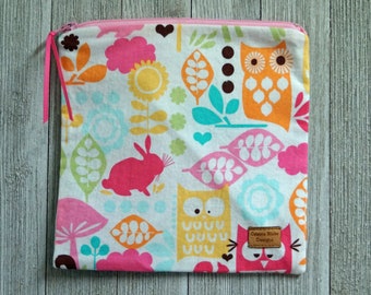 Reusable Sandwich Bag - Owls and Bunnies - Shades of Pink, Orange and Aqua on a White Background