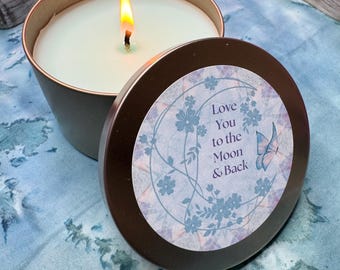 Vela "Te amo hasta la luna y más allá" - Vela de regalo en lata dorada con palabras doradas