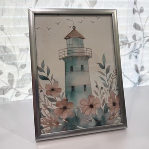 Lighthouse Framed Art Print 5&quot; x 7&quot; Turquoise Blue & Peach Orange Lighthouse Flowers Beach - Be the Light - Beacon of Light Lightworker Gift