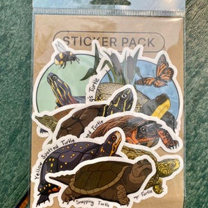 May include: A sticker pack featuring various turtle illustrations, including a snapping turtle, wood turtle, and yellow spotted turtle. The stickers are colorful and detailed, with a bee and butterfly. The package reads "STICKER PACK".