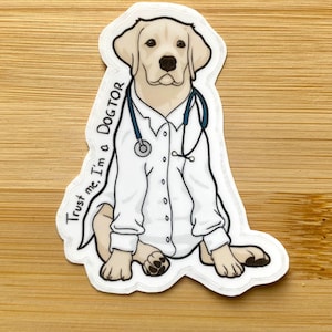 Könnte beinhalten: Ein weißer Labrador Retriever, der einen weißen Arztkittel und ein blaues Stethoskop trägt. Der Hund sitzt mit gekreuzten Pfoten und hat einen ernsten Gesichtsausdruck. Der Text "Trust me, I'm a DOGTOR" steht auf dem Aufkleber.