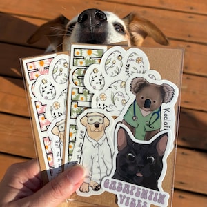 Peut inclure: Ensemble d'autocollants avec des illustrations d'animaux. On y voit un koala en blouse, un chat noir, un chien en blouse de laboratoire et des empreintes de pattes avec des motifs floraux. Le texte "GABAPENTIN VIBES" est également visible.