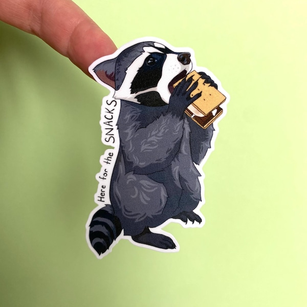 Camping Raccoon Eating a S’more Waterproof Sticker for Waterbottles, Laptops, Notebooks “Here For The Snacks”